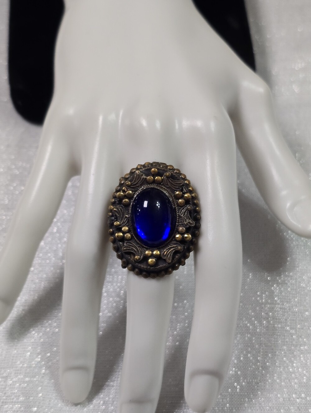 Vintage Colbolt Blue Glass Cabochon Ornate Brass Large Statement Cocktail Ring